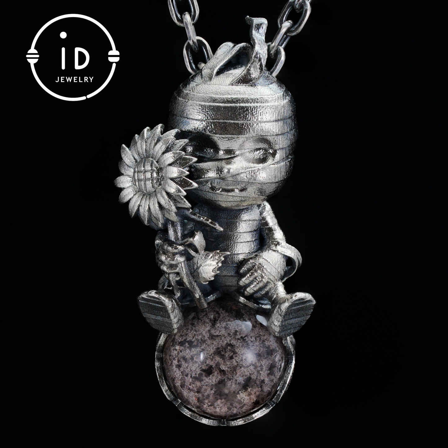 Gothic Mummy Pendant Necklace | 925 Sterling Silver with Phantom Quartz Sphere | Handmade Halloween Protection Talisman Gift for Her