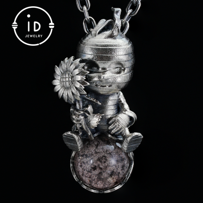 Gothic Mummy Pendant Necklace | 925 Sterling Silver with Phantom Quartz Sphere | Handmade Halloween Protection Talisman Gift for Her