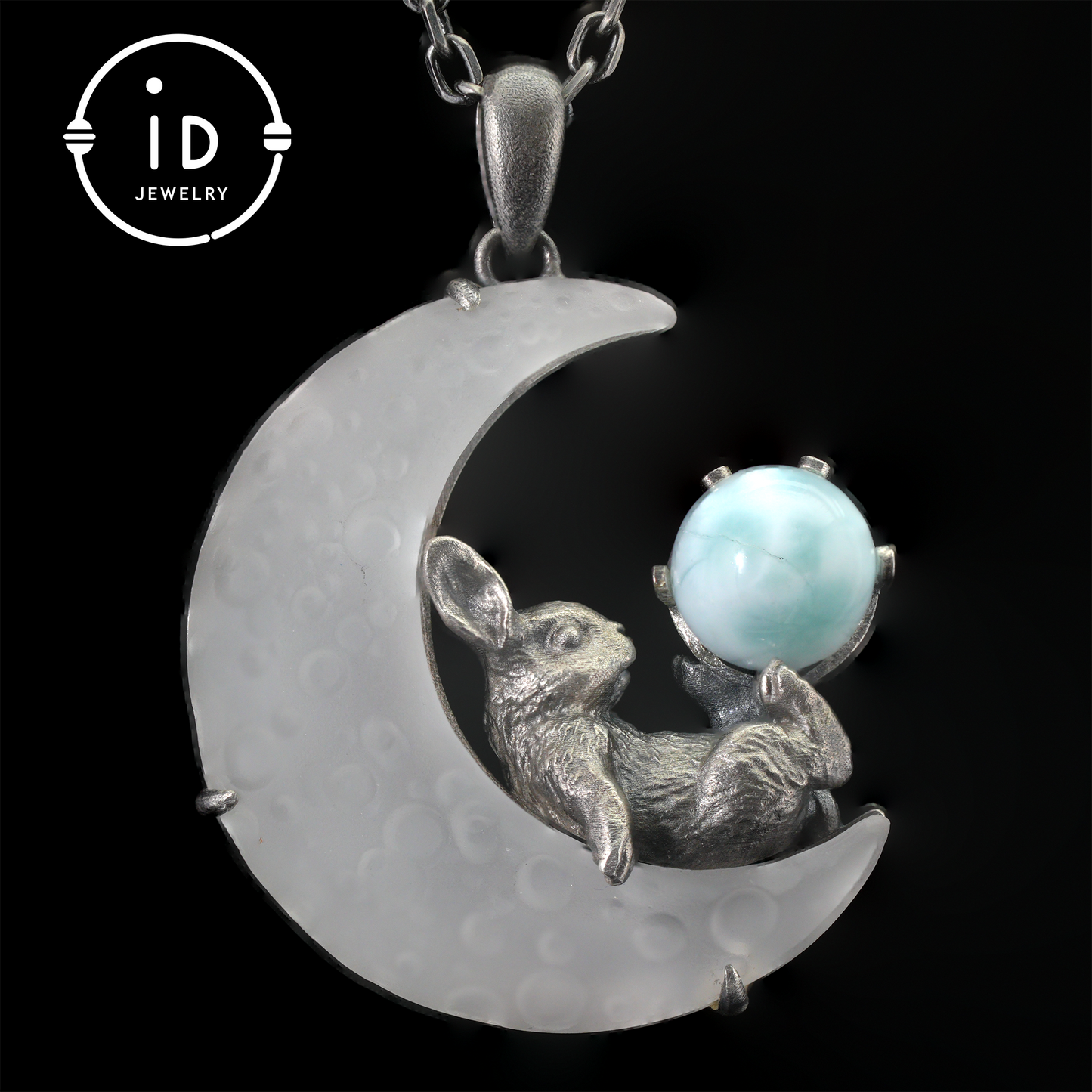 Rabbit Amulet Pendant with Larimar and White Crystal Moon, Handmade Fantasy Jewelry, Celestial Totem, Dreamy Protection Gift