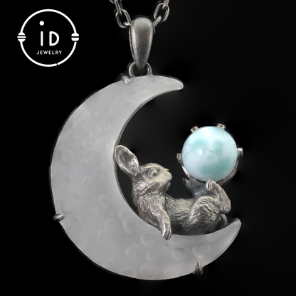 Rabbit Amulet Pendant with Larimar and White Crystal Moon, Handmade Fantasy Jewelry, Celestial Totem, Dreamy Protection Gift
