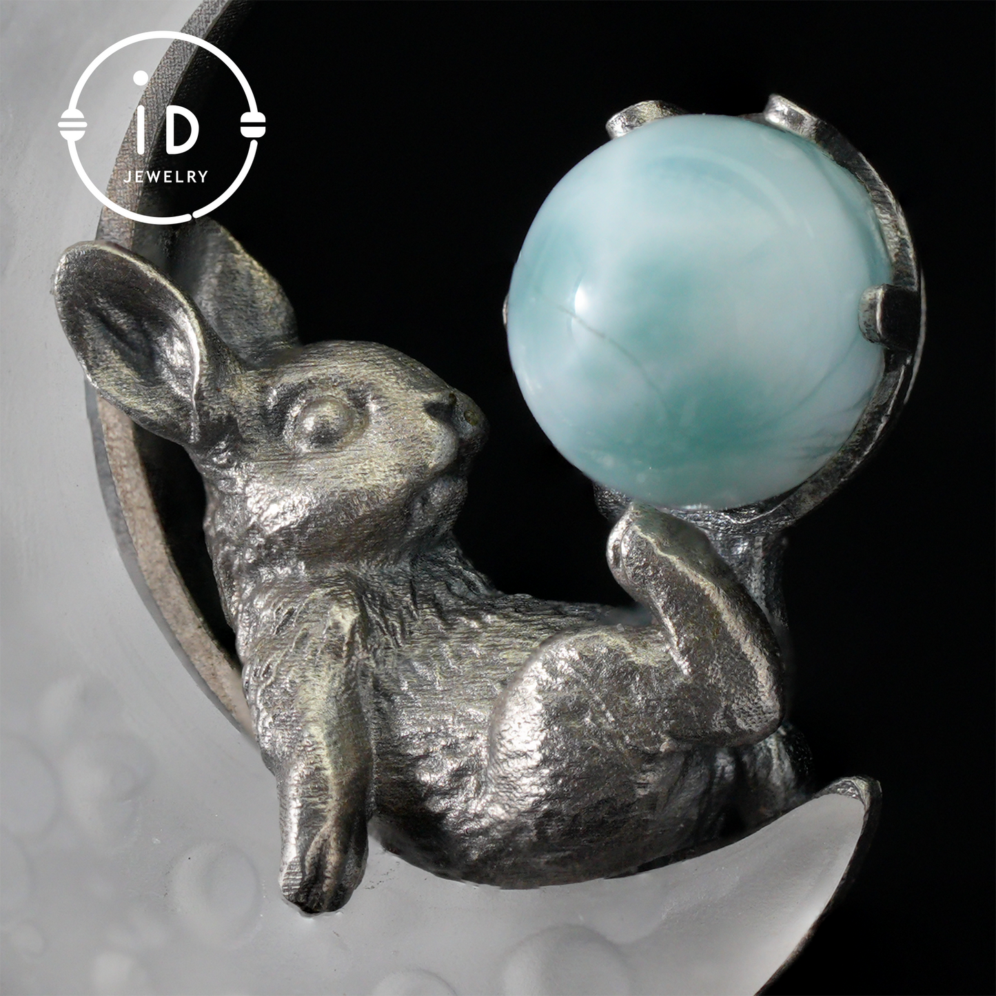 Rabbit Amulet Pendant with Larimar and White Crystal Moon, Handmade Fantasy Jewelry, Celestial Totem, Dreamy Protection Gift