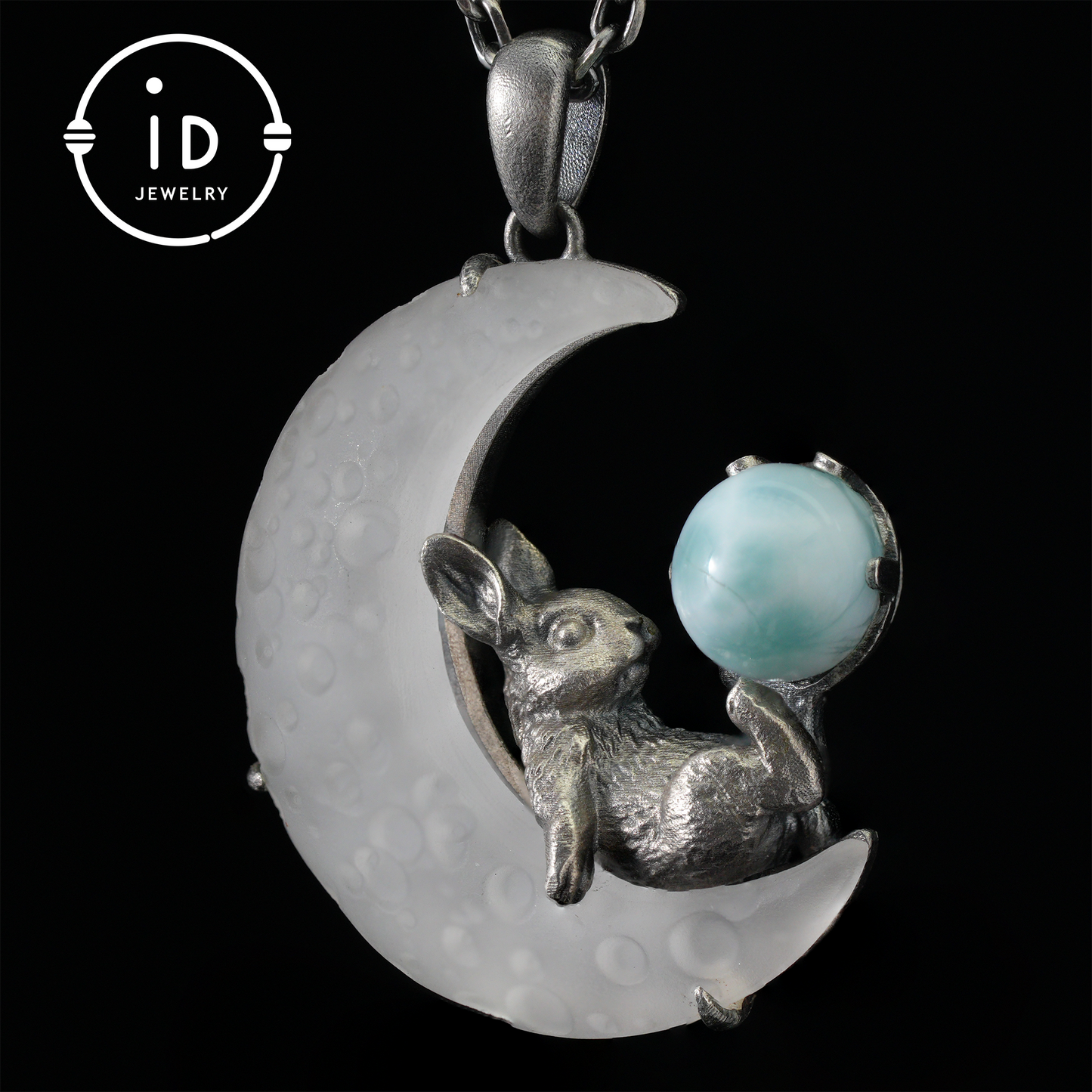Rabbit Amulet Pendant with Larimar and White Crystal Moon, Handmade Fantasy Jewelry, Celestial Totem, Dreamy Protection Gift