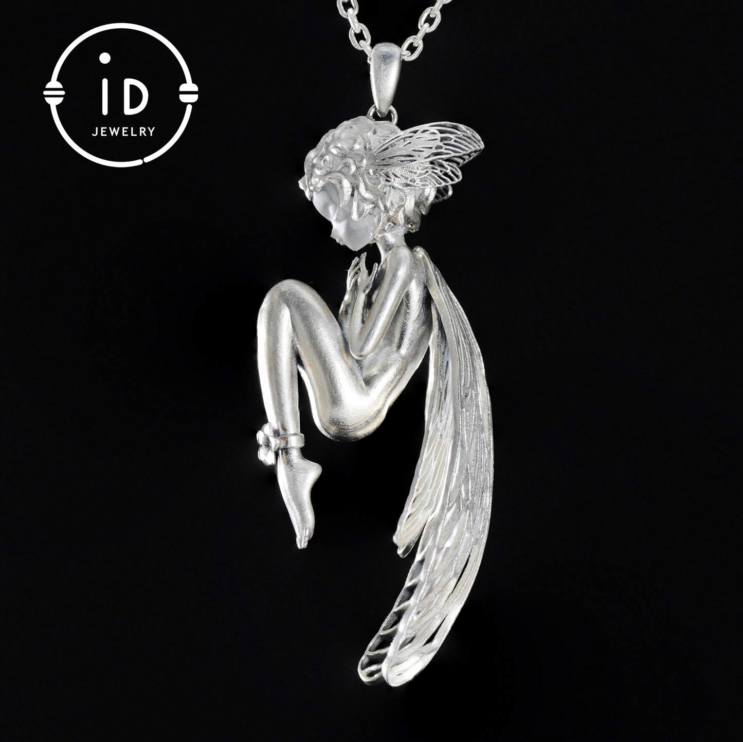 S925 Silver Elf Pendant Necklace with White Crystal, Gothic Vintage Fairy Tale Jewelry Fantasy Talisman Amulet Gift for Her Birthday or Yule