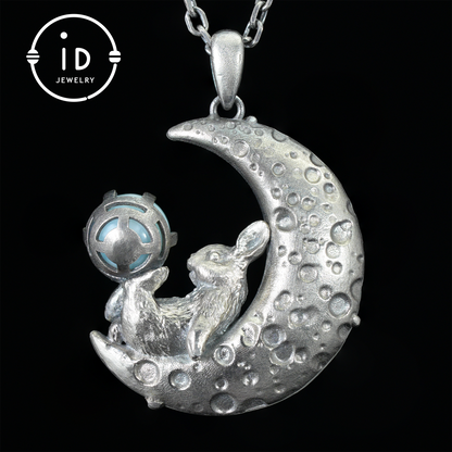 Rabbit Amulet Pendant with Larimar and White Crystal Moon, Handmade Fantasy Jewelry, Celestial Totem, Dreamy Protection Gift