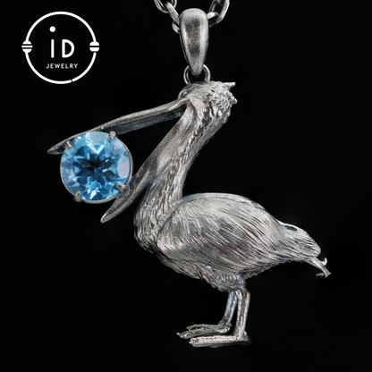 Pelican Pendant Necklace | 925 Sterling Silver with Blue Topaz | Handmade Animal Jewelry Gift for Nature Lovers