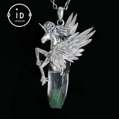 925 Silver Unicorn Pendant with Wings, Natural Crystal, Mystical Fantasy Jewelry, Gift for Her, Birthday Gift, Unique Silver Necklace