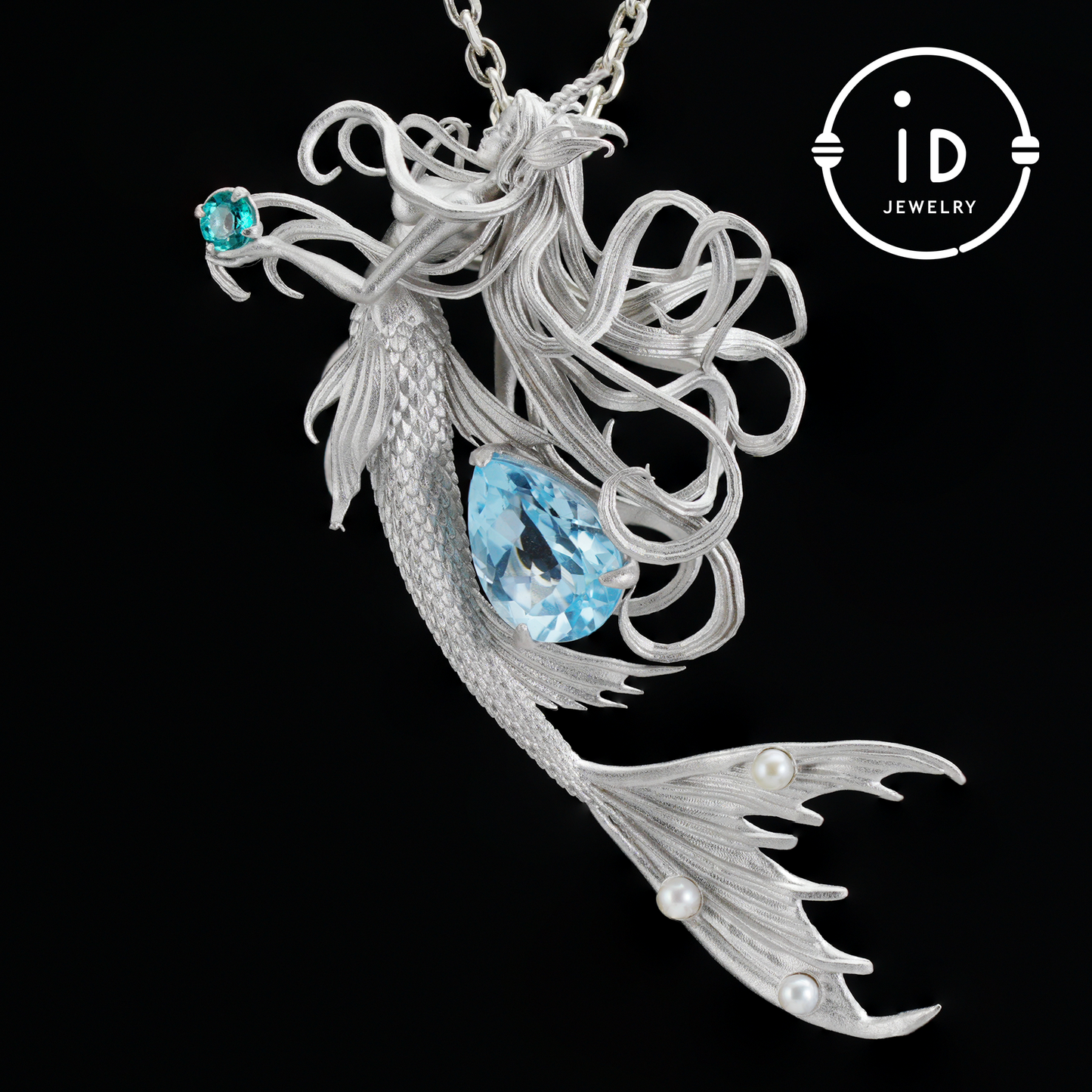 Handmade Mermaid Pendant Necklace | 925 Sterling Silver with Blue Topaz, Zircon & Freshwater Pearls | Fairytale Ocean Jewelry Gift for Her