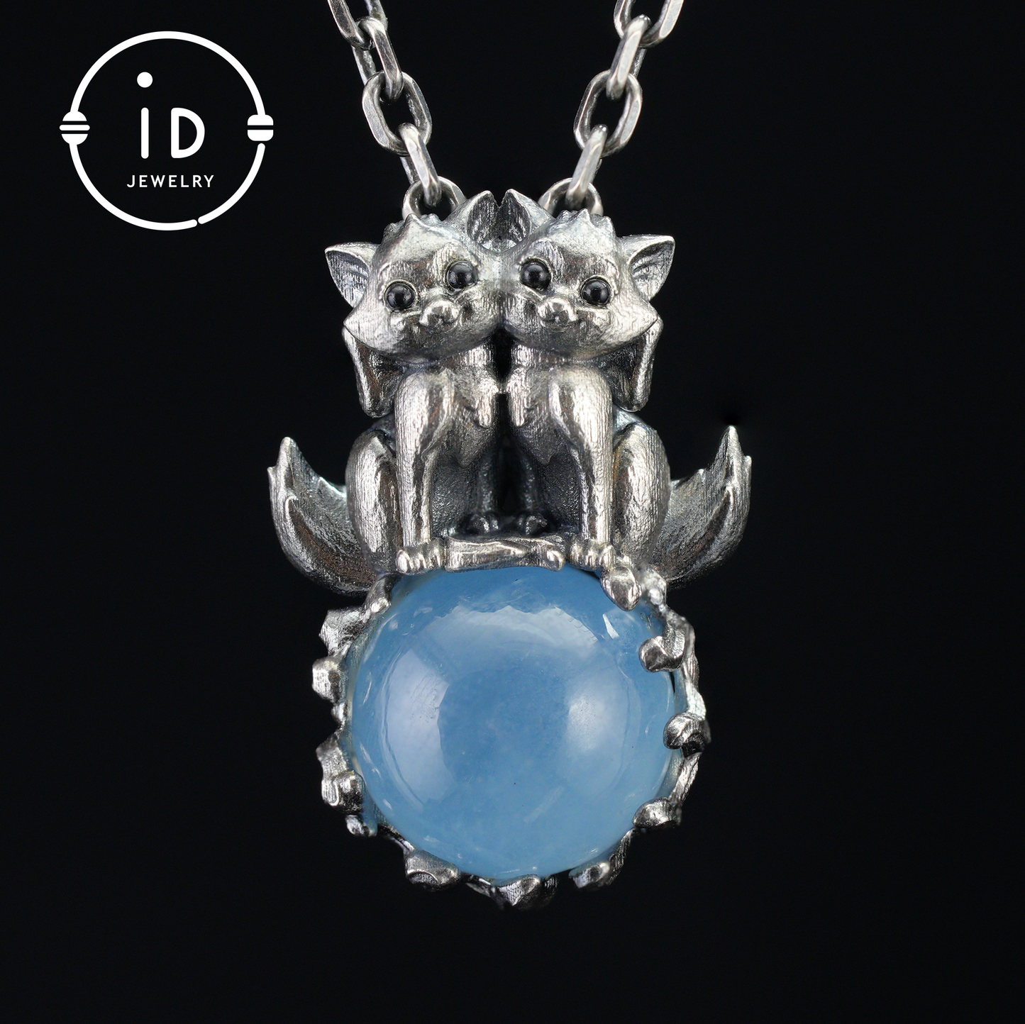 Fox Totem Pendant with Aquamarine, Fantasy Animal Amulet Necklace, Handcrafted Spirit Jewelry, Twin Guardian Design