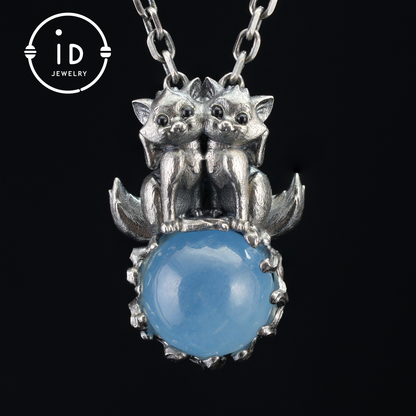 Fox Totem Pendant with Aquamarine, Fantasy Animal Amulet Necklace, Handcrafted Spirit Jewelry, Twin Guardian Design