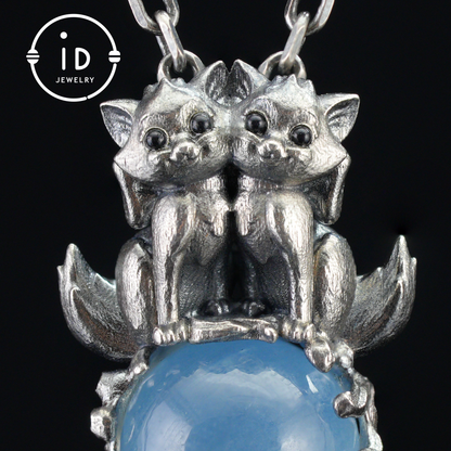 Fox Totem Pendant with Aquamarine, Fantasy Animal Amulet Necklace, Handcrafted Spirit Jewelry, Twin Guardian Design