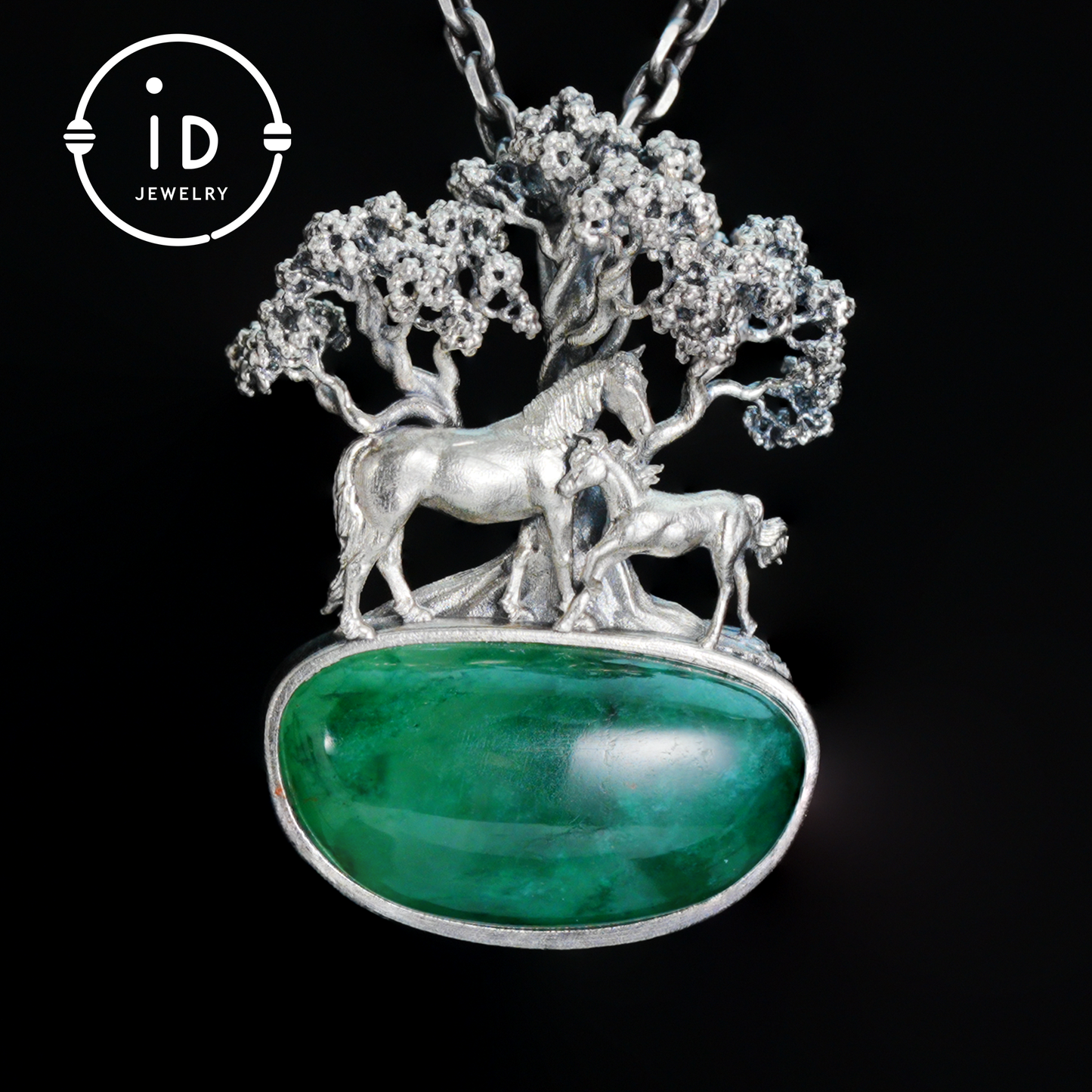 S925 Sterling Silver Pendant with Mare and Foal on African Green Stone, Fairy Talisman Necklace Vintage Gift for Her Birthday