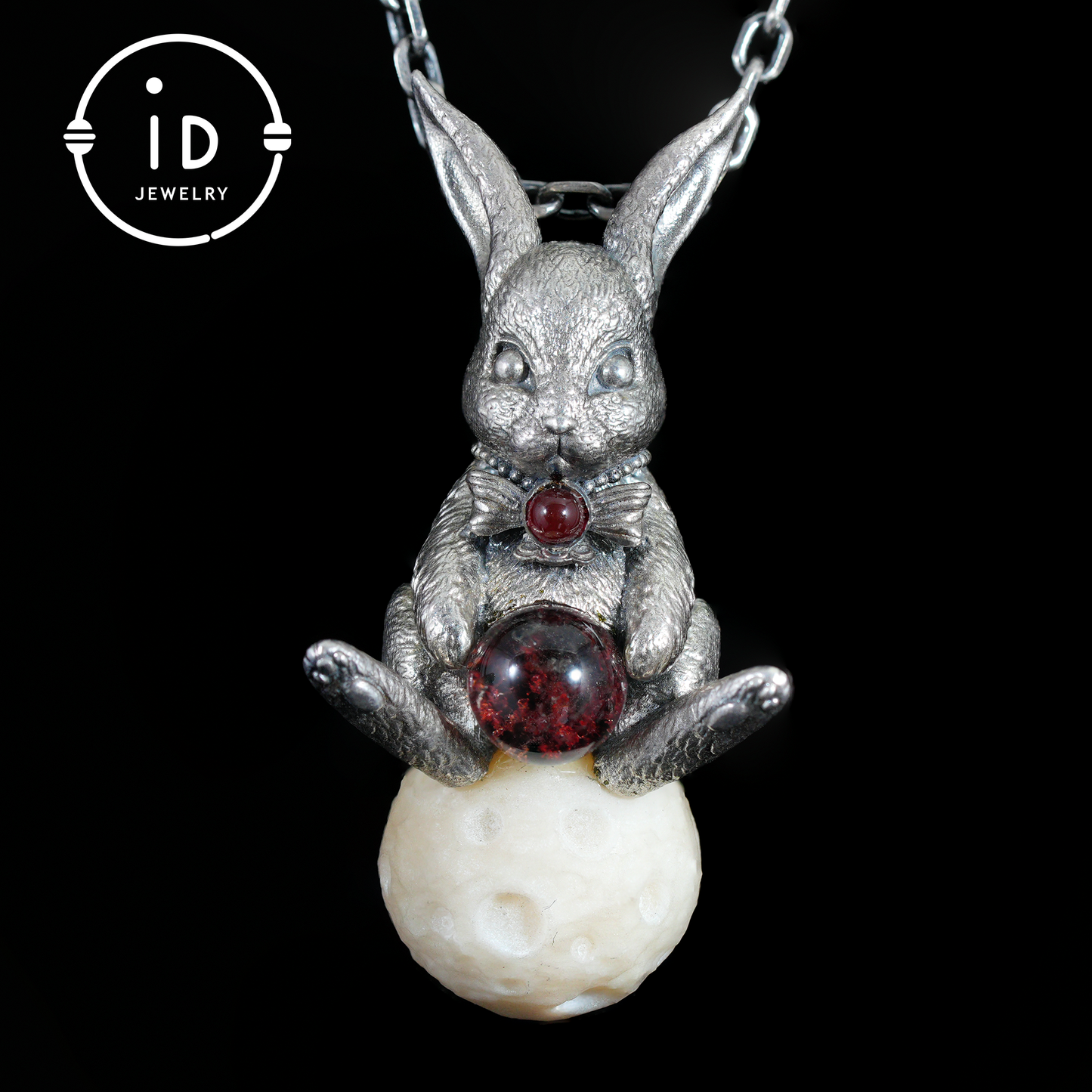Moon Rabbit Pendant with Red Agate & Ghost Stone | Spring Totem Talisman Jewelry | Fantasy Handmade Forest Bunny Necklace
