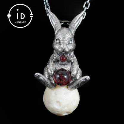 Moon Rabbit Pendant with Red Agate & Ghost Stone | Spring Totem Talisman Jewelry | Fantasy Handmade Forest Bunny Necklace