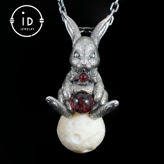 Moon Rabbit Pendant with Red Agate & Ghost Stone | Spring Totem Talisman Jewelry | Fantasy Handmade Forest Bunny Necklace