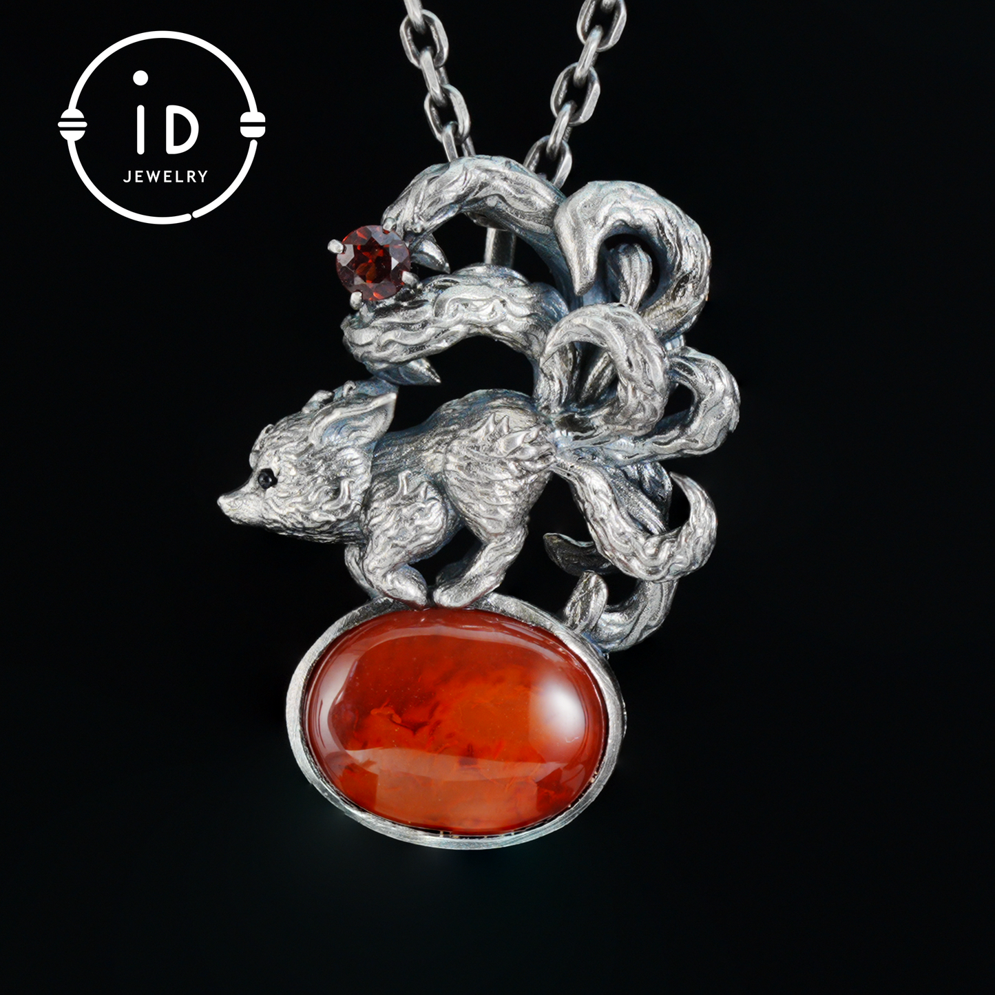 Red Agate Garnet Fox Pendant in Oxidized 925 Silver Necklace Gothic Totem Jewelry Mystic Animal Talisman Gift for Her Birthday or Christmas