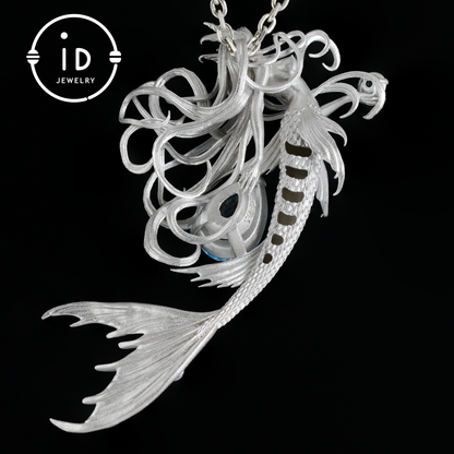 Handmade Mermaid Pendant Necklace | 925 Sterling Silver with Blue Topaz, Zircon & Freshwater Pearls | Fairytale Ocean Jewelry Gift for Her