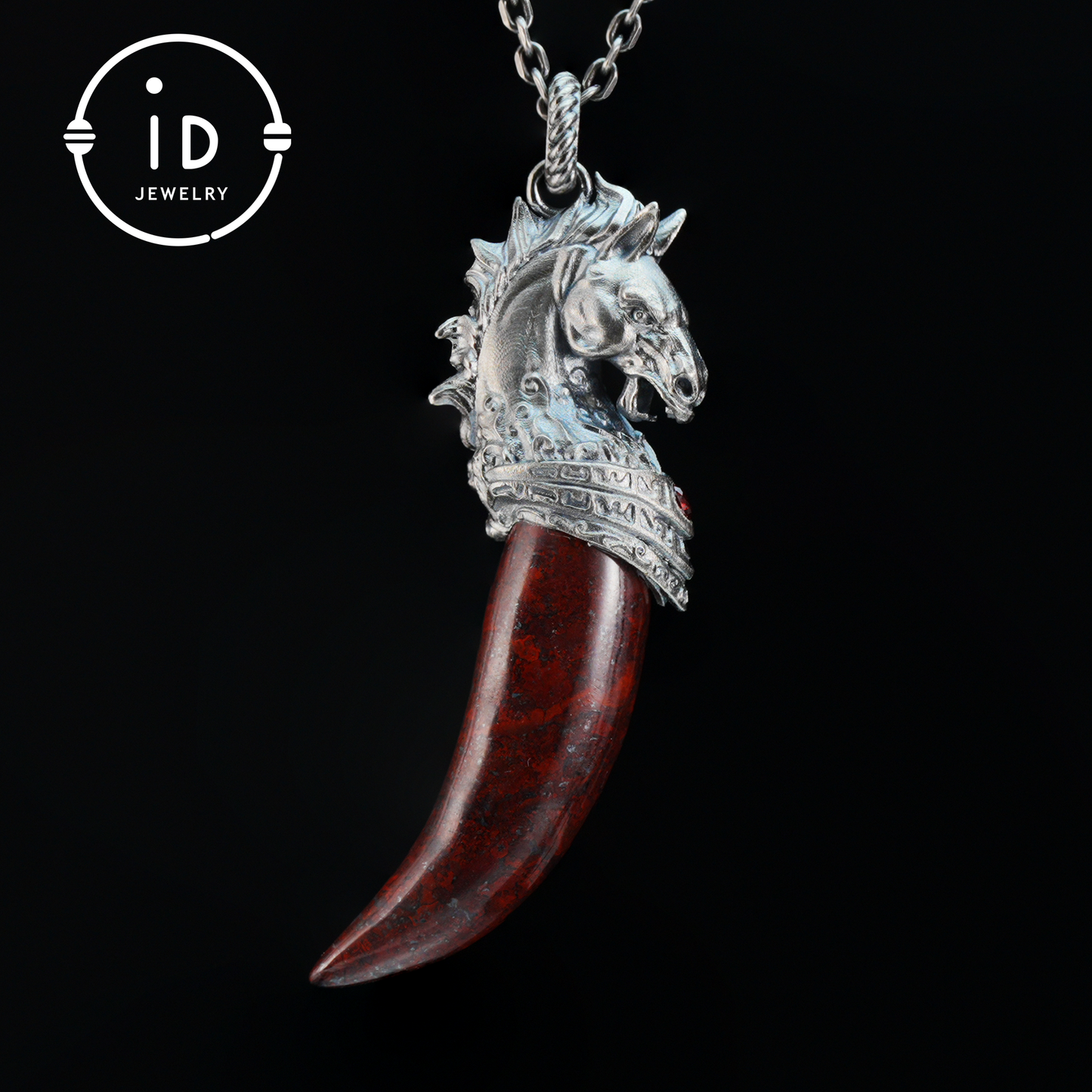 Garnet Pendant Horse Tooth 925 Silver Totem Jewelry Oxidized Necklace Gift for Him Gothic Style Talisman Men’s Vintage Look