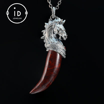 Garnet Pendant Horse Tooth 925 Silver Totem Jewelry Oxidized Necklace Gift for Him Gothic Style Talisman Men’s Vintage Look