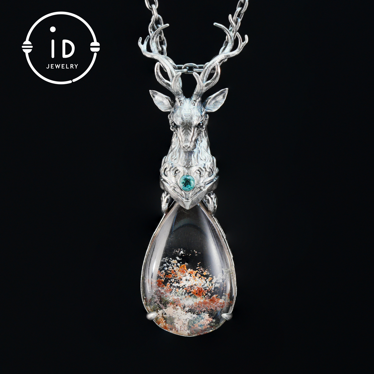Lodolite Deer Pendant Necklace in Oxidized 925 Silver with Blue Topaz Gothic Totem Fantasy Jewelry Gift for Her Birthday or Yule