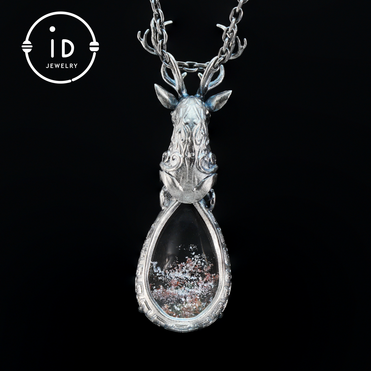 Lodolite Deer Pendant Necklace in Oxidized 925 Silver with Blue Topaz Gothic Totem Fantasy Jewelry Gift for Her Birthday or Yule
