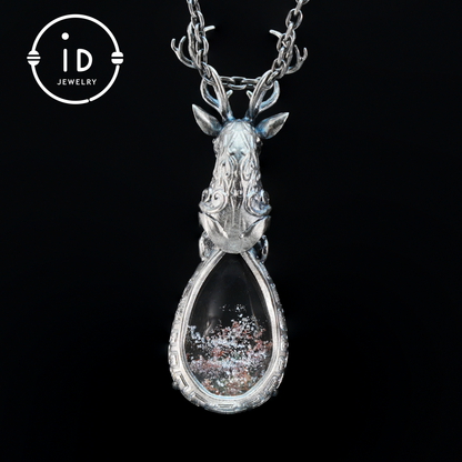 Lodolite Deer Pendant Necklace in Oxidized 925 Silver with Blue Topaz Gothic Totem Fantasy Jewelry Gift for Her Birthday or Yule