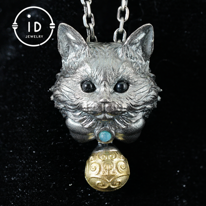 Mystic Cat Pendant with Bell, Emotional Protection Talisman, Handcrafted Animal Jewelry, Fantasy Totem Gift for Empaths and Dreamers
