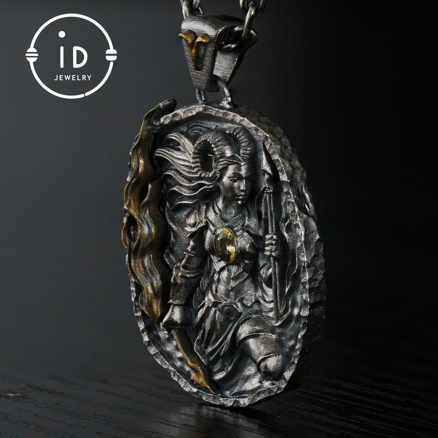 Aries Medallion Pendant | Irregular “Meteorite” Frame | Blue Enamel Starry Sheen | Orange Zirconia Center | Handmade Silver Jewelry