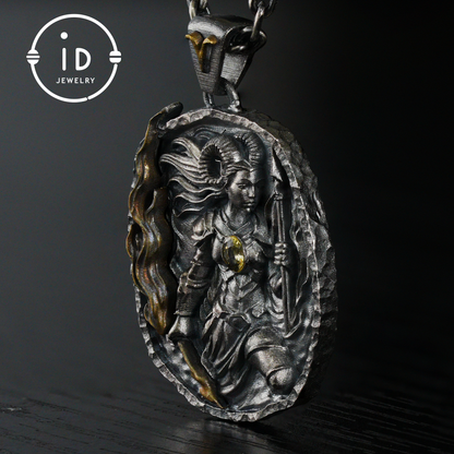 Aries Medallion Pendant | Irregular “Meteorite” Frame | Blue Enamel Starry Sheen | Orange Zirconia Center | Handmade Silver Jewelry