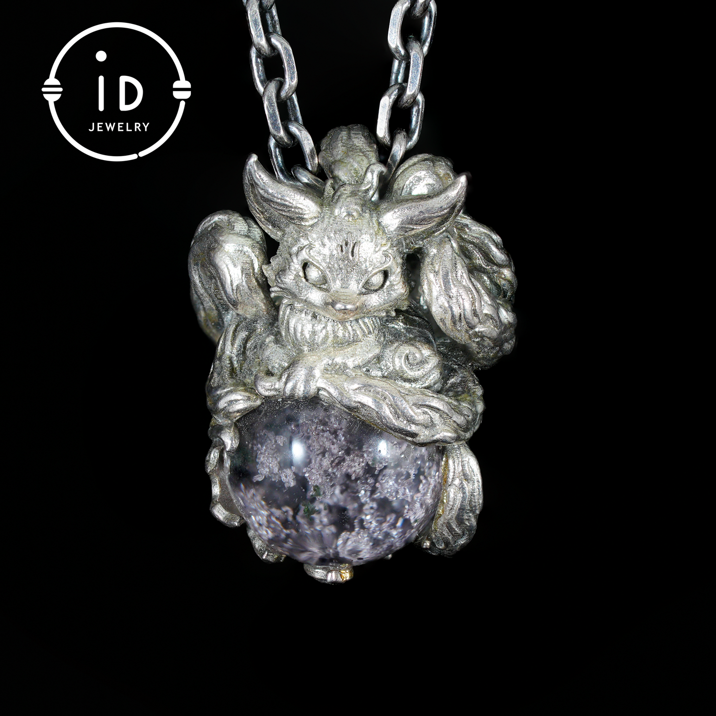 Mystic Fox Pendant with Phantom Quartz, Handmade Protective Amulet, Fantasy Animal Jewelry, Enchanted Spirit Totem Necklace