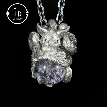 Mystic Fox Pendant with Phantom Quartz, Handmade Protective Amulet, Fantasy Animal Jewelry, Enchanted Spirit Totem Necklace