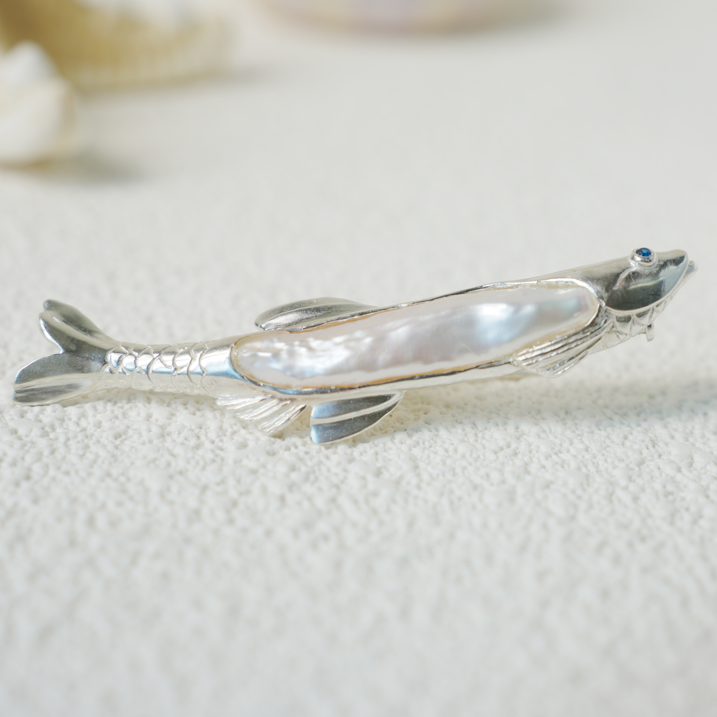 925 Silver Fish Brooch Pendant | Handmade Pearl Jewelry | Sapphire Eye Totem Gift for Her | Symbol of Resilience