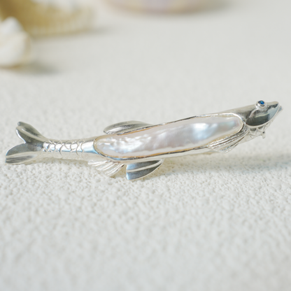 925 Silver Fish Brooch Pendant | Handmade Pearl Jewelry | Sapphire Eye Totem Gift for Her | Symbol of Resilience