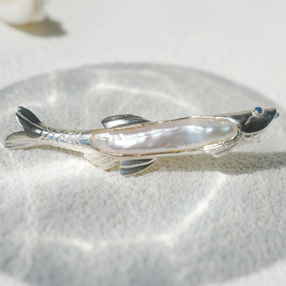 925 Silver Fish Brooch Pendant | Handmade Pearl Jewelry | Sapphire Eye Totem Gift for Her | Symbol of Resilience