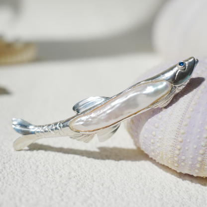 925 Silver Fish Brooch Pendant | Handmade Pearl Jewelry | Sapphire Eye Totem Gift for Her | Symbol of Resilience