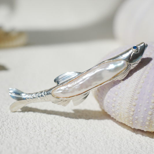 925 Silver Fish Brooch Pendant | Handmade Pearl Jewelry | Sapphire Eye Totem Gift for Her | Symbol of Resilience