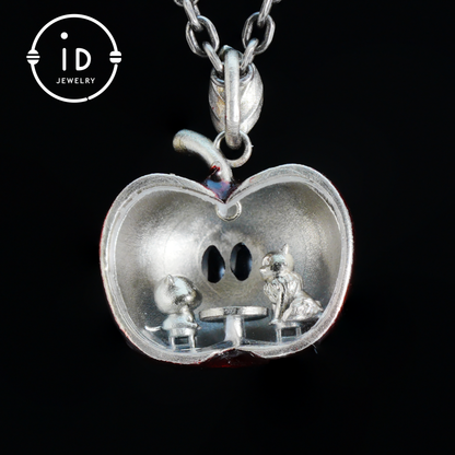 S925 Silver Apple Pendant with Red Enamel and Two Cats Inside, Fairytale Style Talisman Necklace, Symbolic Gift for Her, Christmas Jewelry