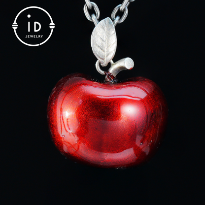S925 Silver Apple Pendant with Red Enamel and Two Cats Inside, Fairytale Style Talisman Necklace, Symbolic Gift for Her, Christmas Jewelry