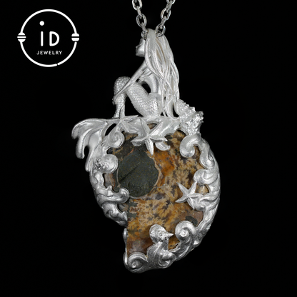 Mermaid Seashell Fossil Pendant, Handcrafted Ocean Goddess Amulet, Spiritual Protection Jewelry, Mythical Art Design, Siren Sea Gift