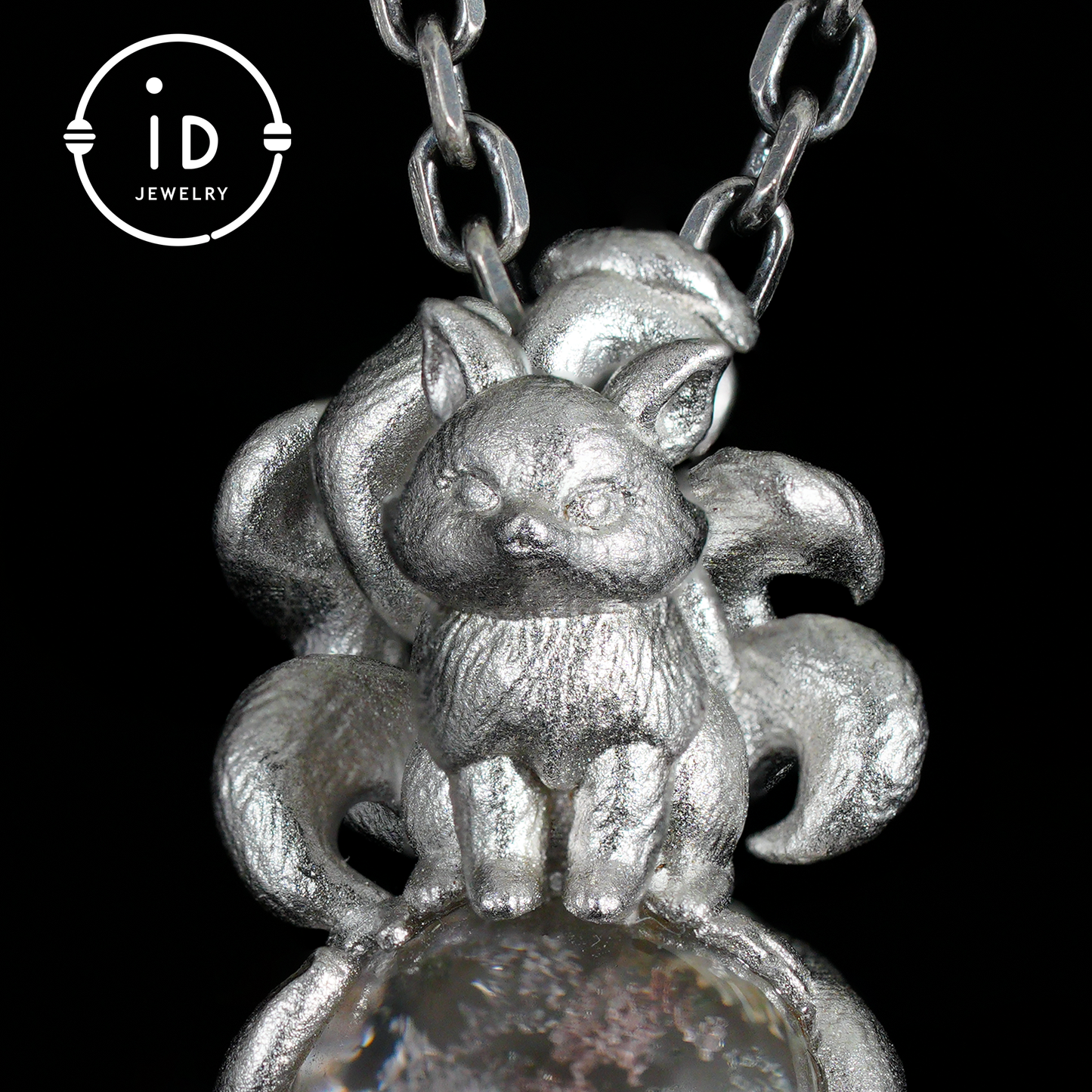 Fox Pendant with Ghost Quartz, Nine-Tailed Spirit Amulet, Handcrafted Fantasy Jewelry, Dreamy Forest Totem Necklace, Mythical Design