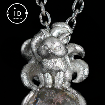 Fox Pendant with Ghost Quartz, Nine-Tailed Spirit Amulet, Handcrafted Fantasy Jewelry, Dreamy Forest Totem Necklace, Mythical Design