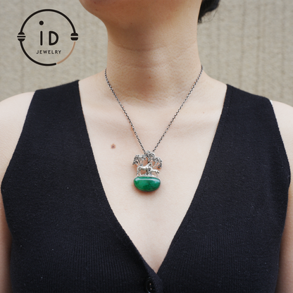 S925 Sterling Silver Pendant with Mare and Foal on African Green Stone, Fairy Talisman Necklace Vintage Gift for Her Birthday