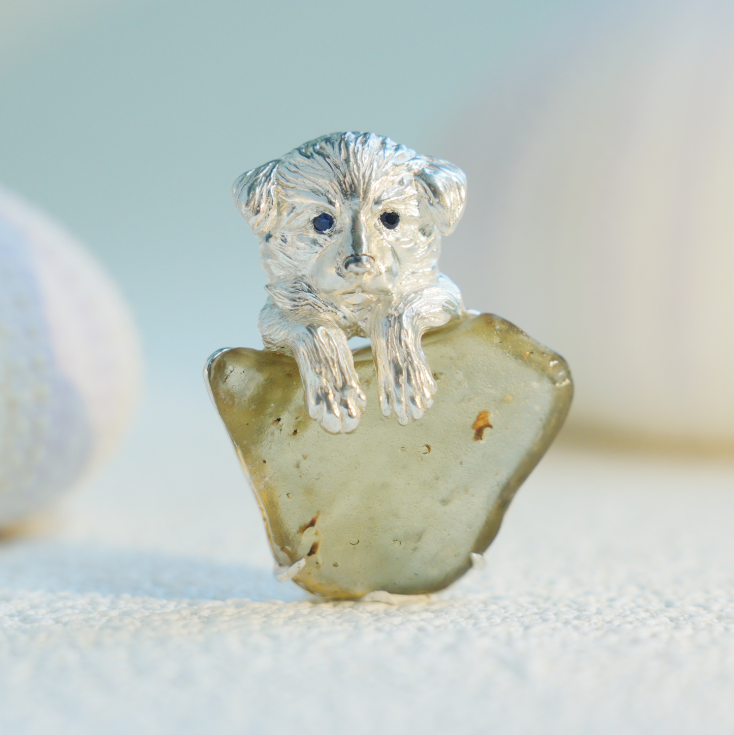 925 Silver Dog Pendant Brooch | Libyan Desert Glass Totem Jewelry | Healing Gift for Pet Lovers
