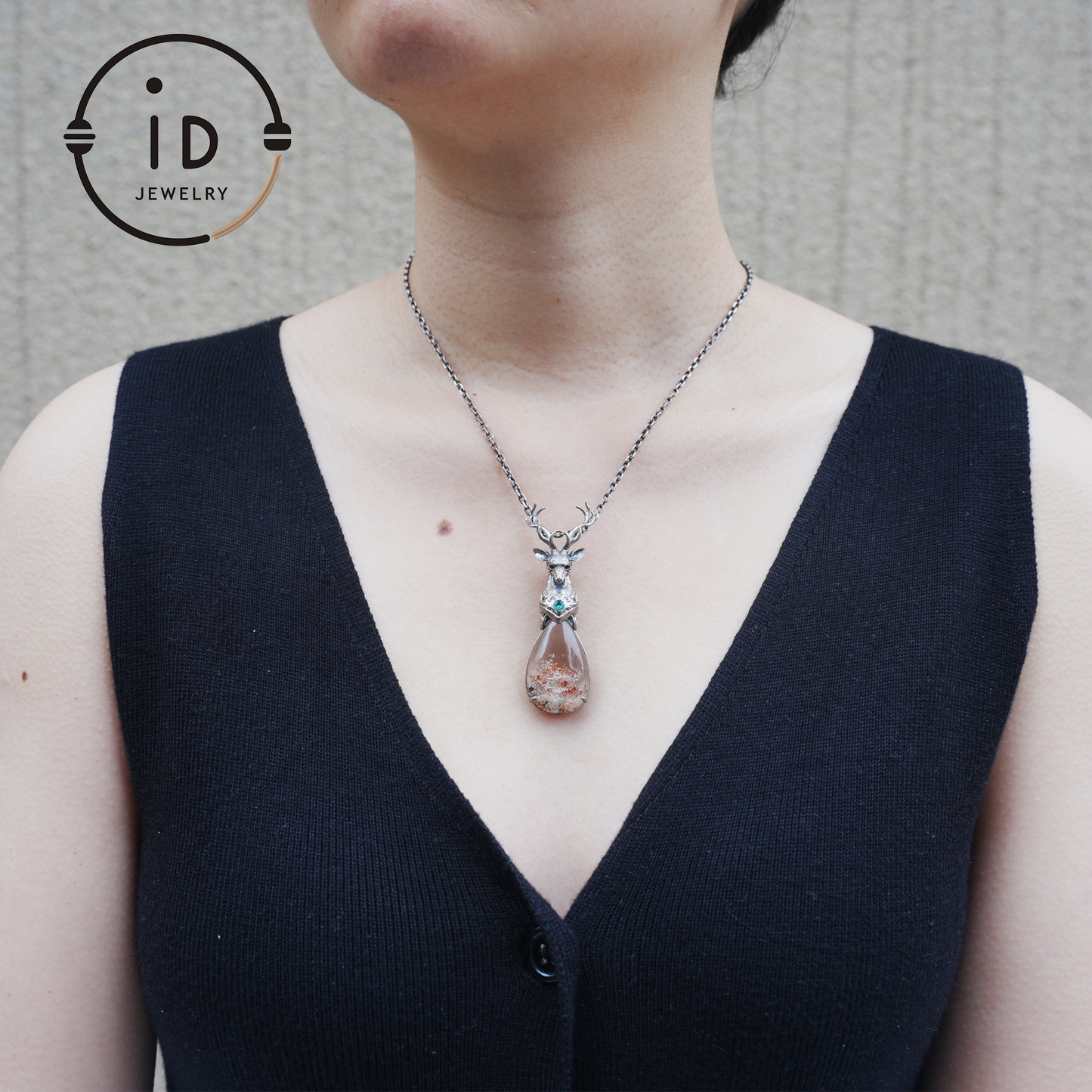 Lodolite Deer Pendant Necklace in Oxidized 925 Silver with Blue Topaz Gothic Totem Fantasy Jewelry Gift for Her Birthday or Yule