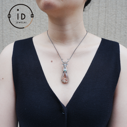Lodolite Deer Pendant Necklace in Oxidized 925 Silver with Blue Topaz Gothic Totem Fantasy Jewelry Gift for Her Birthday or Yule
