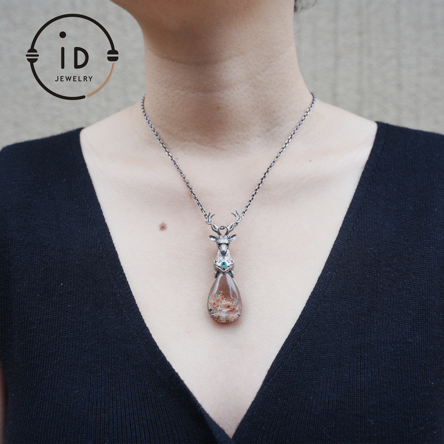 Lodolite Deer Pendant Necklace in Oxidized 925 Silver with Blue Topaz Gothic Totem Fantasy Jewelry Gift for Her Birthday or Yule