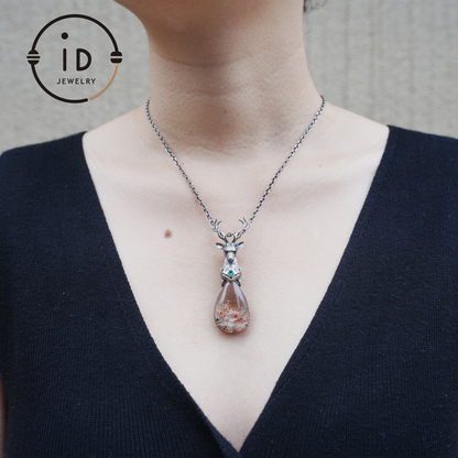 Lodolite Deer Pendant Necklace in Oxidized 925 Silver with Blue Topaz Gothic Totem Fantasy Jewelry Gift for Her Birthday or Yule
