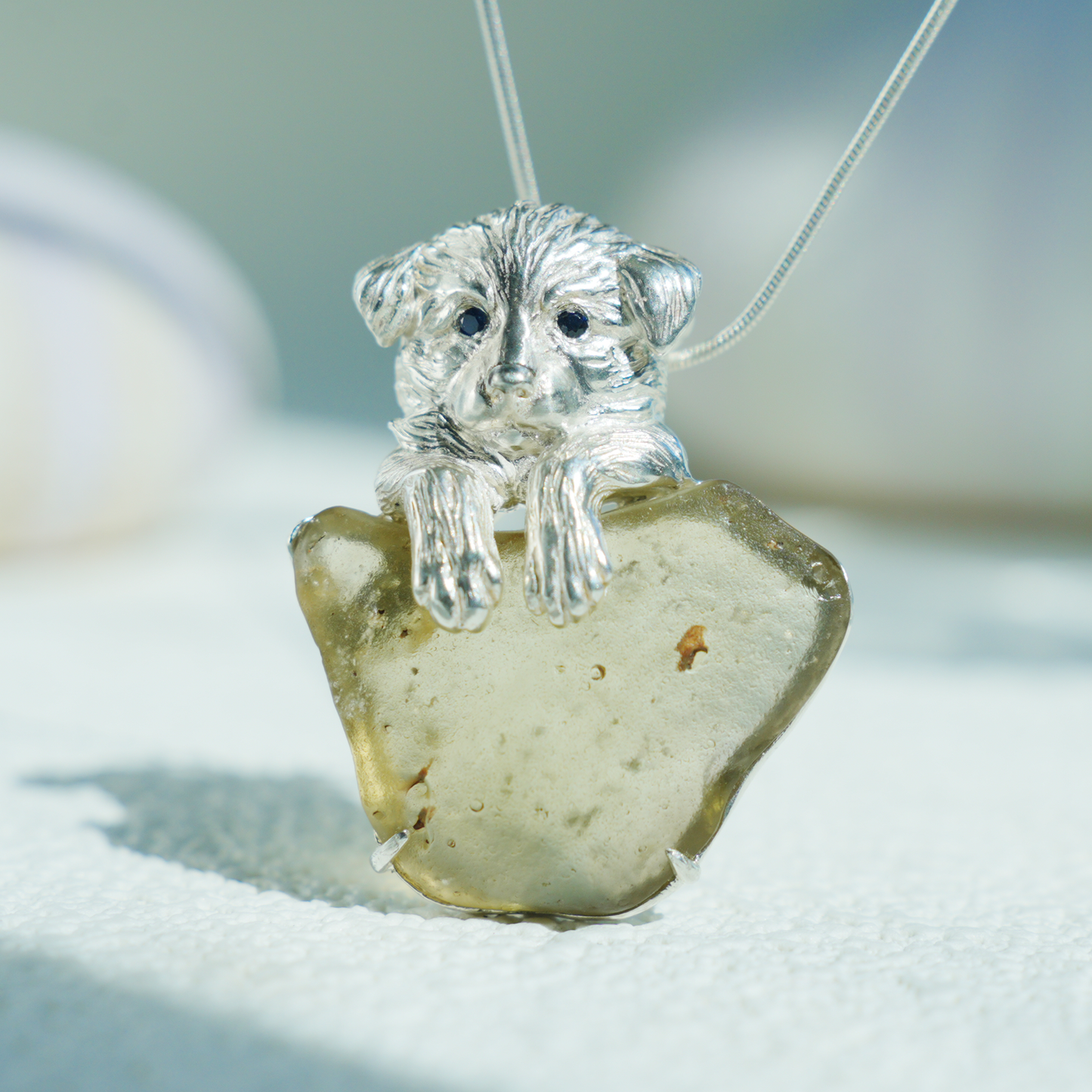 925 Silver Dog Pendant Brooch | Libyan Desert Glass Totem Jewelry | Healing Gift for Pet Lovers