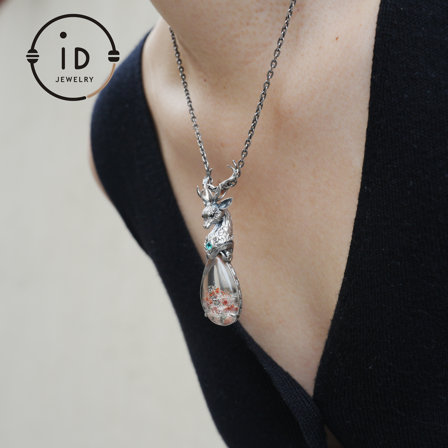 Lodolite Deer Pendant Necklace in Oxidized 925 Silver with Blue Topaz Gothic Totem Fantasy Jewelry Gift for Her Birthday or Yule