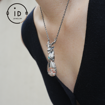 Lodolite Deer Pendant Necklace in Oxidized 925 Silver with Blue Topaz Gothic Totem Fantasy Jewelry Gift for Her Birthday or Yule