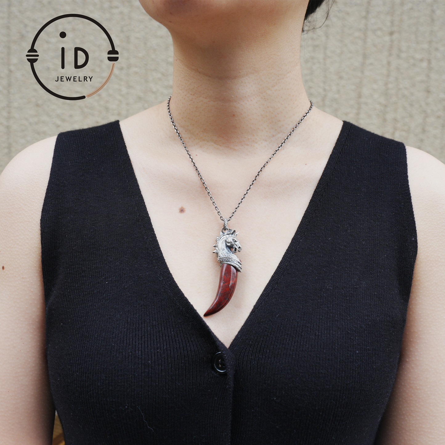 Garnet Pendant Horse Tooth 925 Silver Totem Jewelry Oxidized Necklace Gift for Him Gothic Style Talisman Men’s Vintage Look